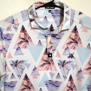 Bad Birdie Shirt Mens Large Short Sleeve Golf Polo White Blue Purple Triangles